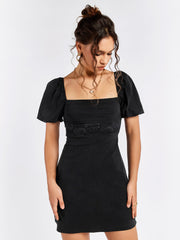 Puff Sleeves Lace Waistband Mini Dress