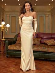 Off-Shoulder Long Sleeve Satin Gown Dress