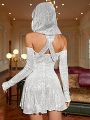 Off-Shoulder Sequined Mini Dress with Hooded Detail