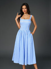 French Plaid Print Ruched Slip Midi Dress