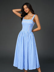 French Plaid Print Ruched Slip Midi Dress