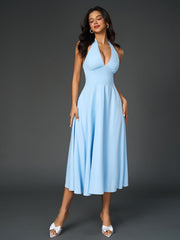 Sexy Solid V-Neck Ruched Halter Neck Midi Dress