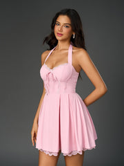 Sexy Solid Halter Neck Backless Sleeveless Mini Dress
