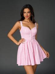 French Plaid Print Ruched Slip Mini Dress
