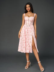 Square Neck Slip Backless High-Slit Floral Midi Dress