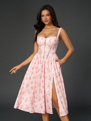 Square Neck Slip Backless High-Slit Floral Midi Dress