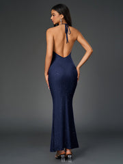 Sexy Sparkly Sleeveless Backless Ruched Bodycon Maxi Dress