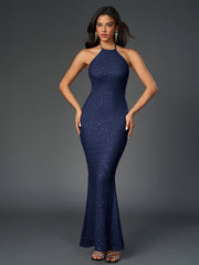 Sexy Sparkly Sleeveless Backless Ruched Bodycon Maxi Dress