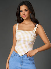 Square Neck Tartan Print Backless Top