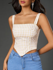 Square Neck Tartan Print Backless Top