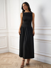 Elegant Solid Sleeveless Ruched Maxi Dress