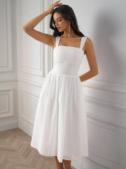 Sexy Solid Backless Ruched Slip Midi Dress