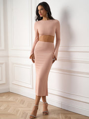 Solid Long-Sleeve Crop Top & Bodycon Skirt