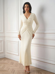 Knitted V-Neck Long Sleeves Bodycon Maxi Dress