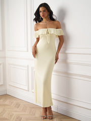 Knitted Off-Shoulder Ruched Bodycon Maxi Dress