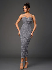 Sparkly Sleeveless Backless Bodycon Midi Dress
