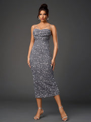 Sparkly Sleeveless Backless Bodycon Midi Dress
