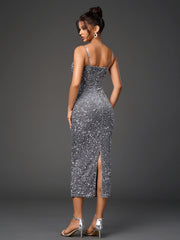Sparkly Sleeveless Backless Bodycon Midi Dress