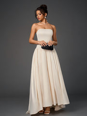 Solid Sleeveless Off-Shoulder Strapless Slim Ruched Maxi Dress