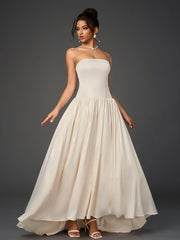 Solid Sleeveless Off-Shoulder Strapless Slim Ruched Maxi Dress