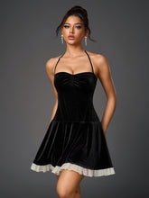 Vintage Velvet Halter Neck Bandeau Ruched Mini Dress