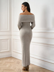 Temperament Solid Off-Shoulder Long-Sleeve Bodycon Maxi Dress