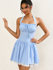 Sexy Solid Halter Neck Backless Sleeveless Ruched Mini Dress