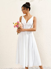 Hepburn Style Deep V-Neckline Sleeveless Ruched Midi Dress
