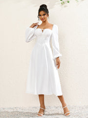French Solid Long Sleeved Backless Ruched Slim Midi Dress