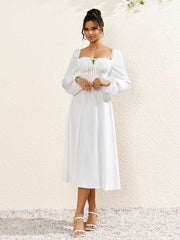 French Solid Long Sleeved Backless Ruched Slim Midi Dress