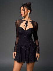 Sexy Mesh Long Sleeve Slim Sparkly Ruched Mini Dress