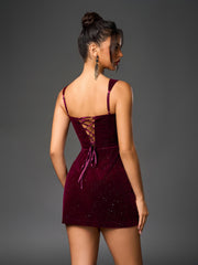 Sexy Square Neckline Sleeveless Backless Corset Slim Sparkly Mini Dress