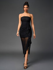 Sexy Mesh Bandeau Strapless Solid Slim Irregular Tassel Gown