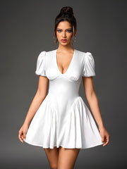 Sexy Solid V-Neck Puff Sleeve Slim Ruched Mini Dress