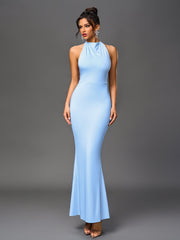 Sexy Solid Ruched Sleeveless Halter Neck Backless Bodycon Maxi Dress