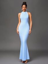 Sexy Solid Ruched Sleeveless Halter Neck Backless Bodycon Maxi Dress