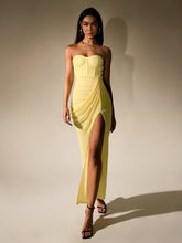 Temperament Mesh Solid High Slit Strapless Ruched Maxi Dress