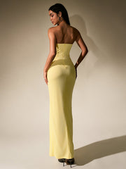 Temperament Mesh Solid High Slit Strapless Ruched Maxi Dress