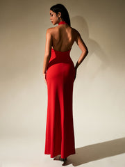 Solid Sleeveless Backless Halter Neck Bodycon Maxi Dress