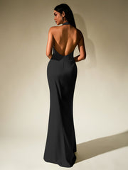 Temperament Solid Sleeveless Halter Neck Backless Bodycon Maxi Dress