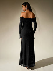 Elegant Mesh Sparkly Off-Shoulder Backless Long-Sleeved Bodycon Maxi Dress