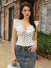 Deep V-Neck Flounce Trim Tie Back Top