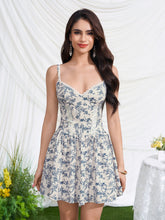 Deep V-Neck Lace Trim Floral Print Mini Dress