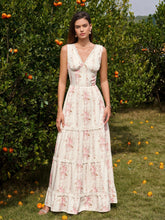 Deep V-Neck Ruched Lace Trim Floral Print Dress