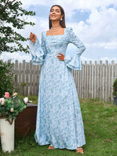 Elegant Square Neck Long Sleeves Cinched Waist Printed Ruched Maxi Dress