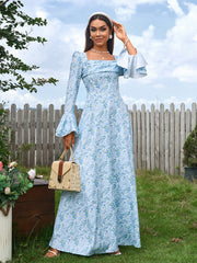 Elegant Square Neck Long Sleeves Cinched Waist Printed Ruched Maxi Dress