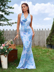 Elegant Sleeveless Backless Halter Neck Floral Ruched Bodycon Maxi Dress