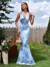 Elegant Sleeveless Backless Halter Neck Floral Ruched Bodycon Maxi Dress