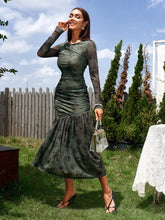 Temperament Mesh Print Long Sleeves Ruched Bodycon Midi Dress