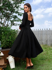 Sexy Solid Square Neck Backless Long Sleeves Ruched Midi Dress